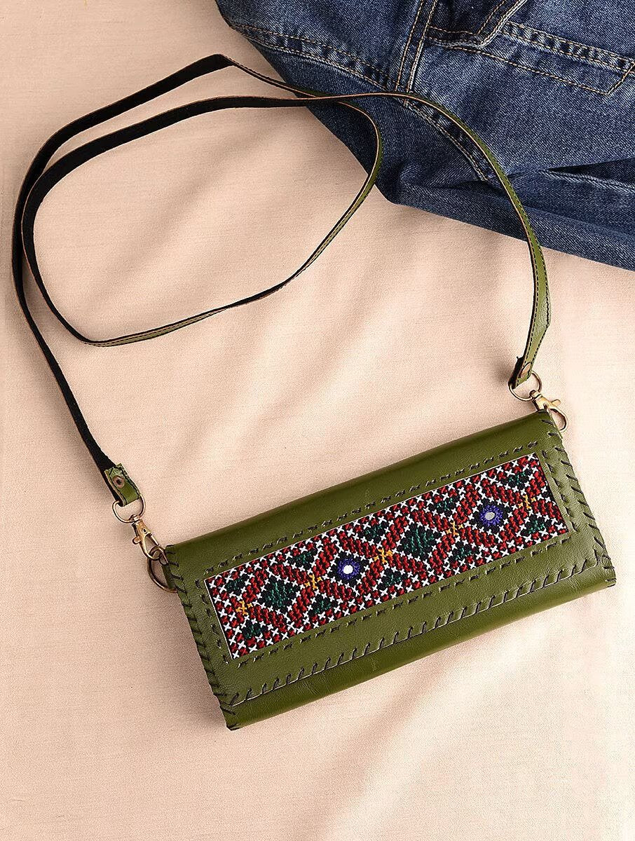 Women Olive Green Leather Sling Bag