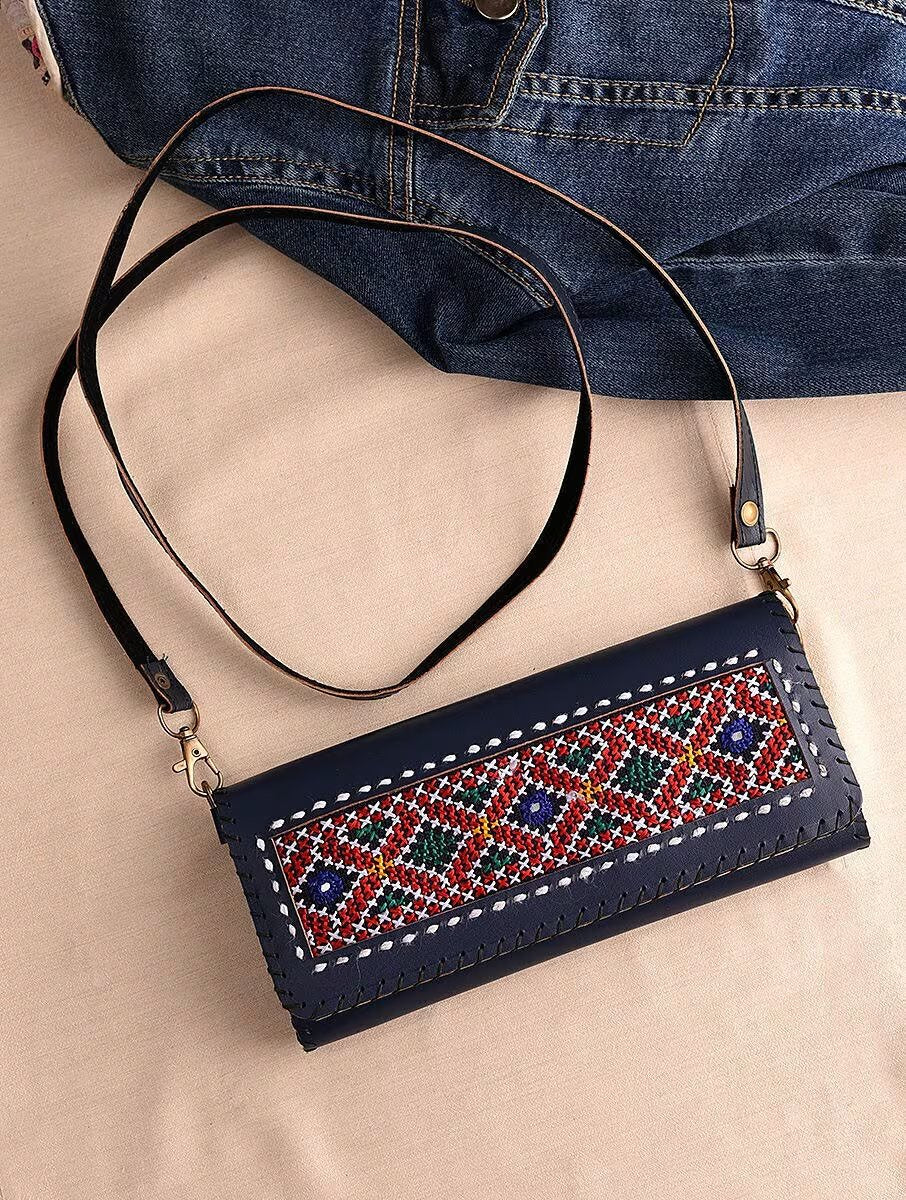 Women Navy Blue Leather Sling Bag