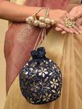 Women Navy Blue Silk Potli