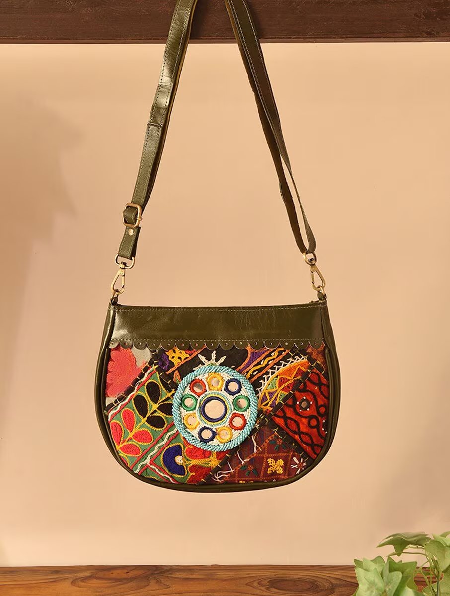 Women Olive Green Leather Sling Bag