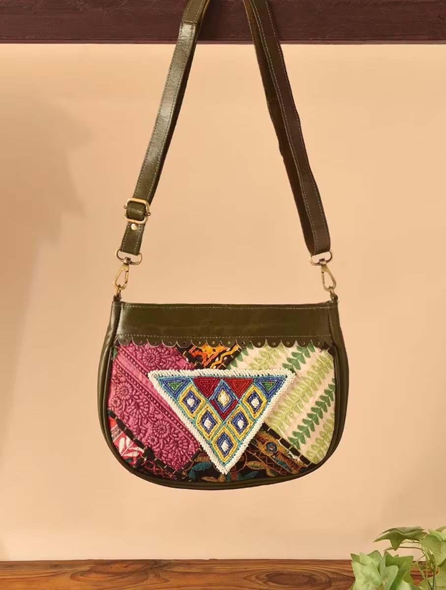 Women Olive Green Leather Sling Bag