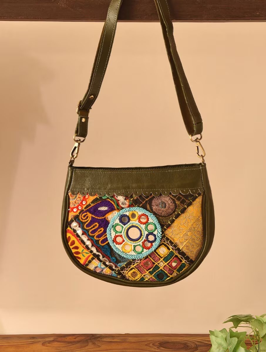 Women Olive Green Leather Sling Bag
