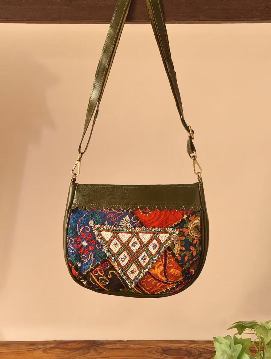 Women Olive Green Leather Sling Bag