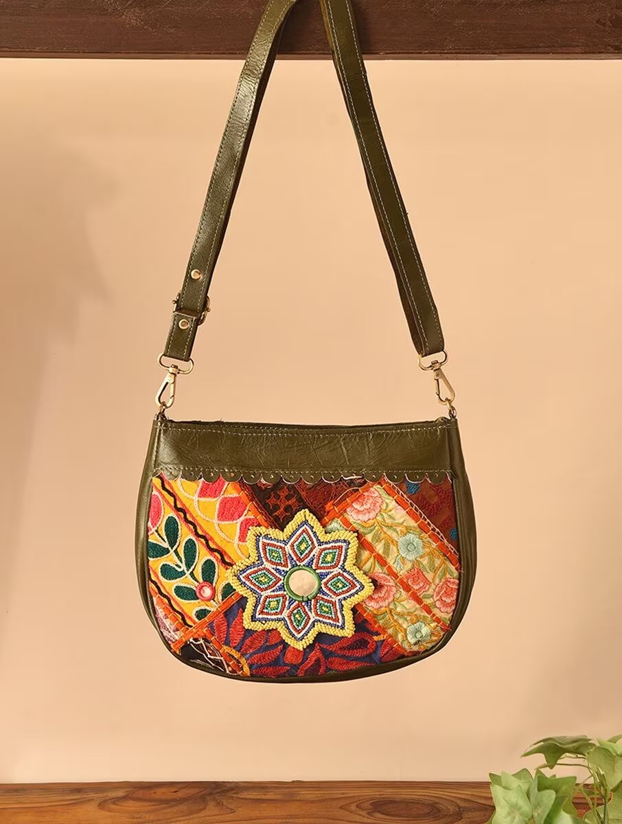 Women Olive Green Leather Sling Bag