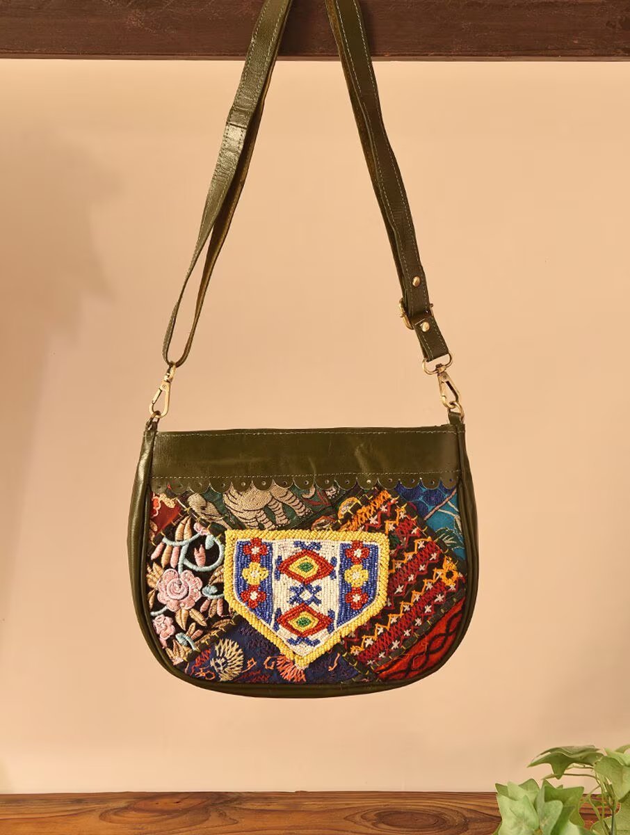 Women Olive Green Leather Sling Bag