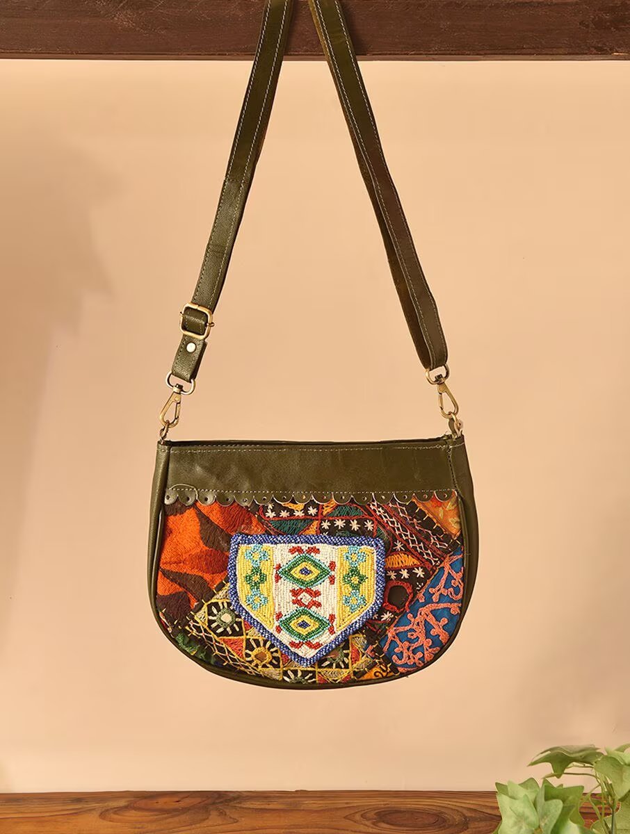 Women Olive Green Leather Sling Bag