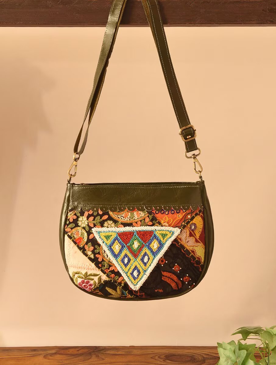 Women Olive Green Leather Sling Bag
