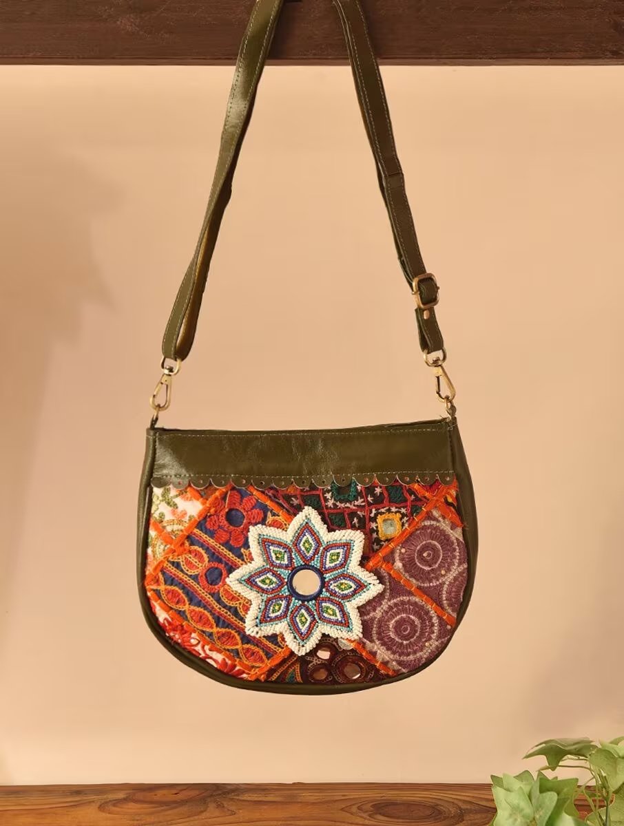 Women Olive Green Leather Sling Bag