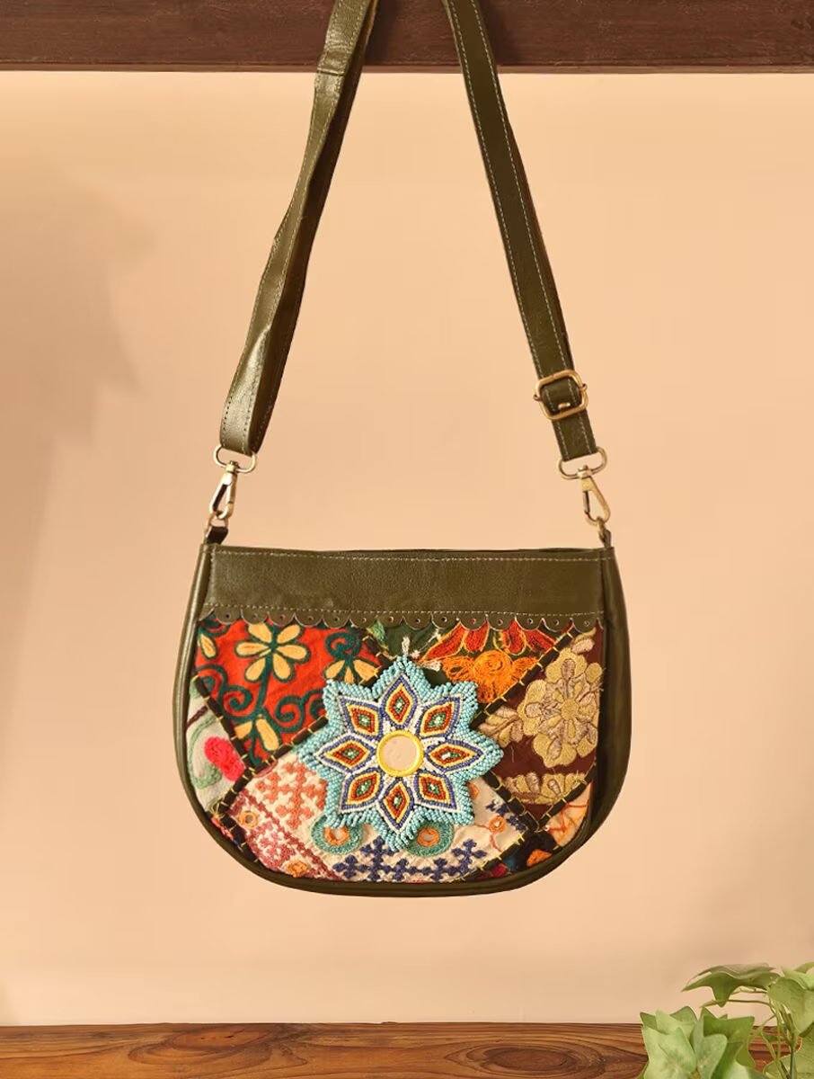 Women Olive Green Leather Sling Bag