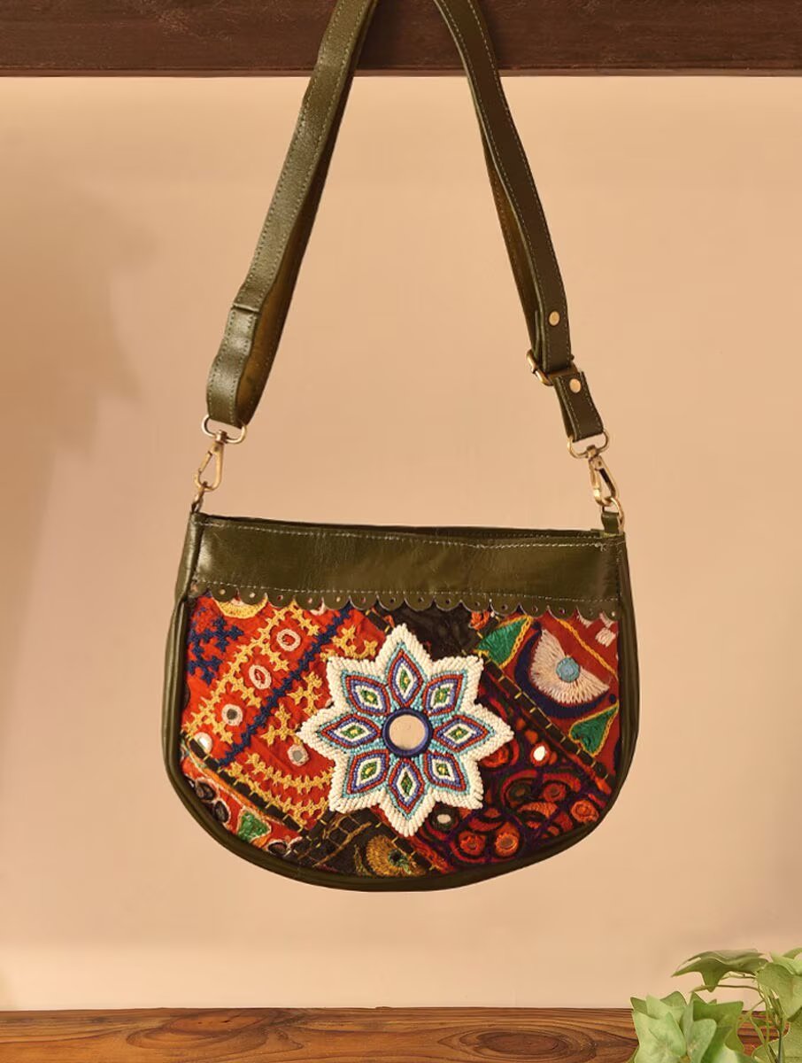 Women Olive Green Leather Sling Bag