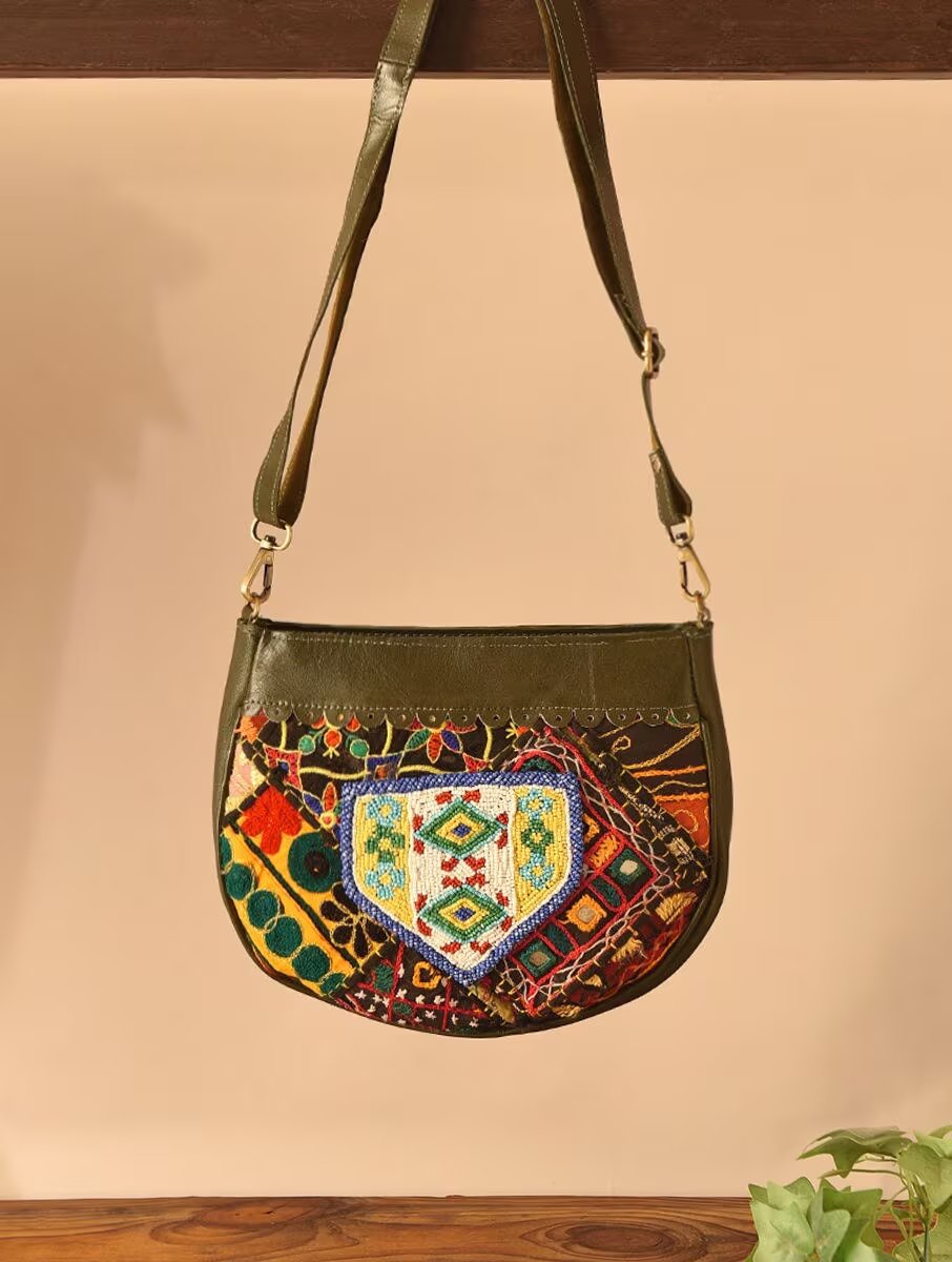 Women Olive Green Leather Sling Bag