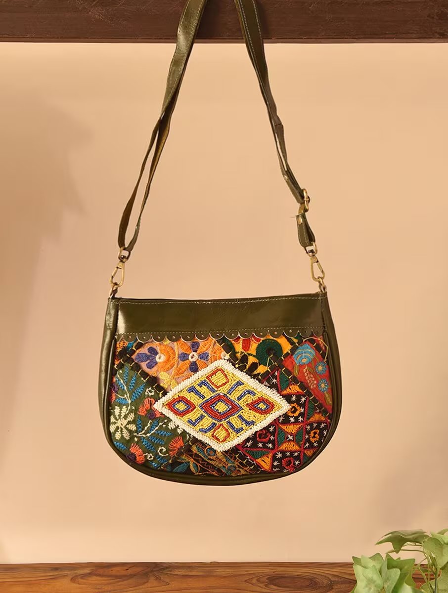 Women Olive Green Leather Sling Bag