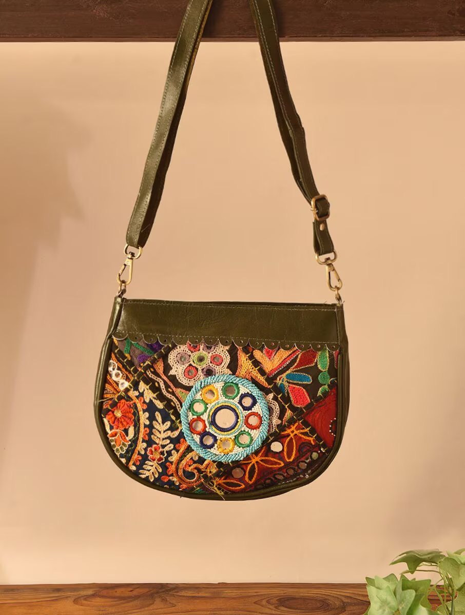 Women Olive Green Leather Sling Bag