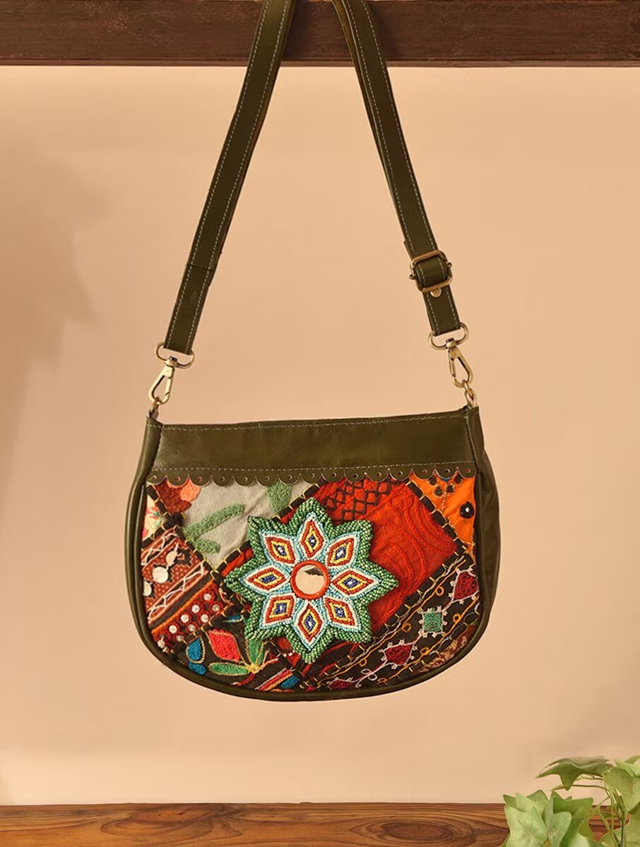 Women Olive Green Leather Sling Bag