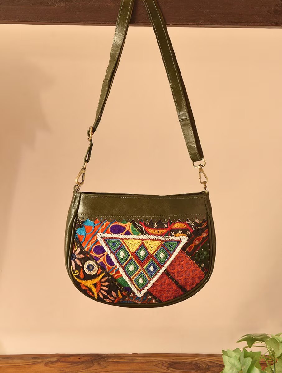 Women Olive Green Leather Sling Bag