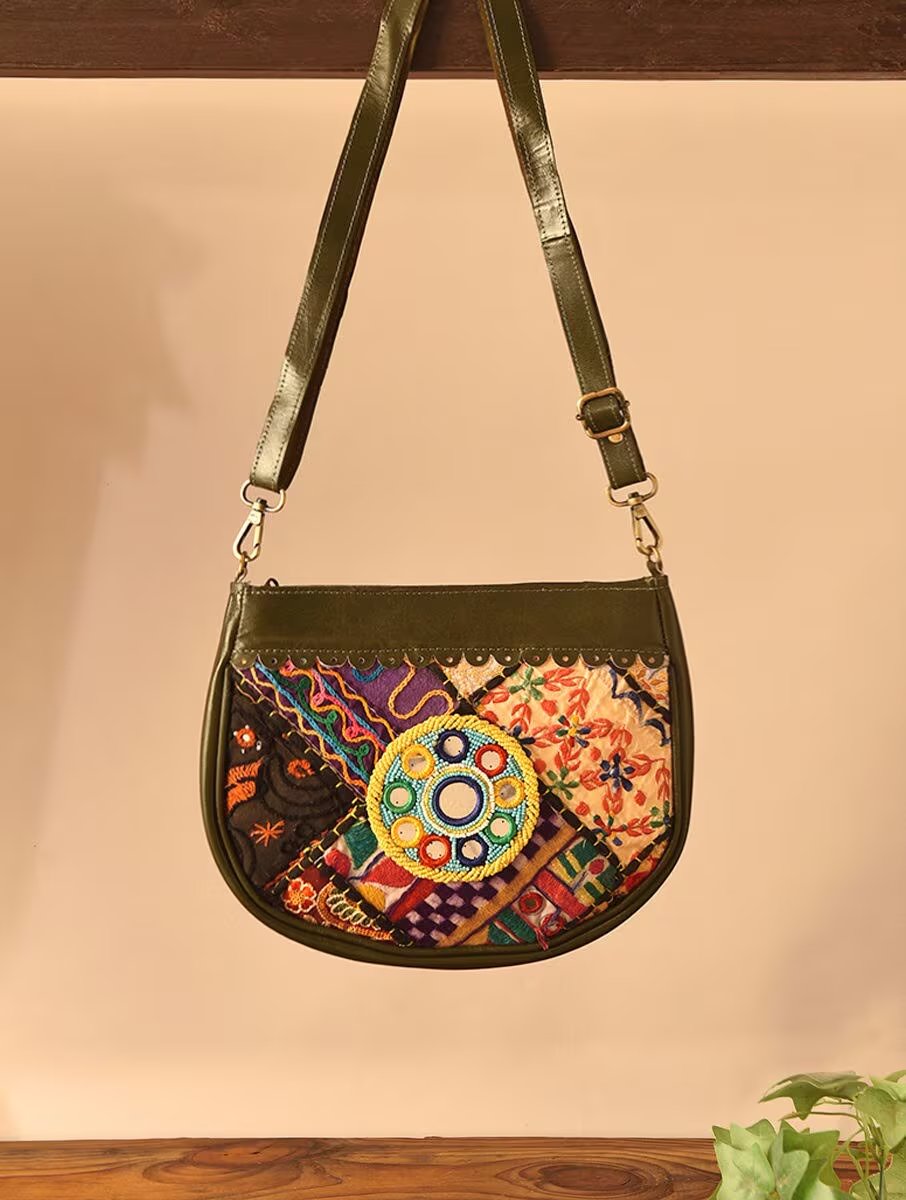 Women Olive Green Leather Sling Bag