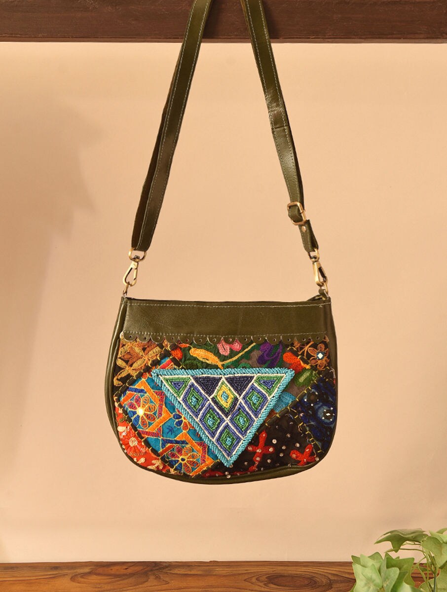 Women Olive Green Leather Sling Bag