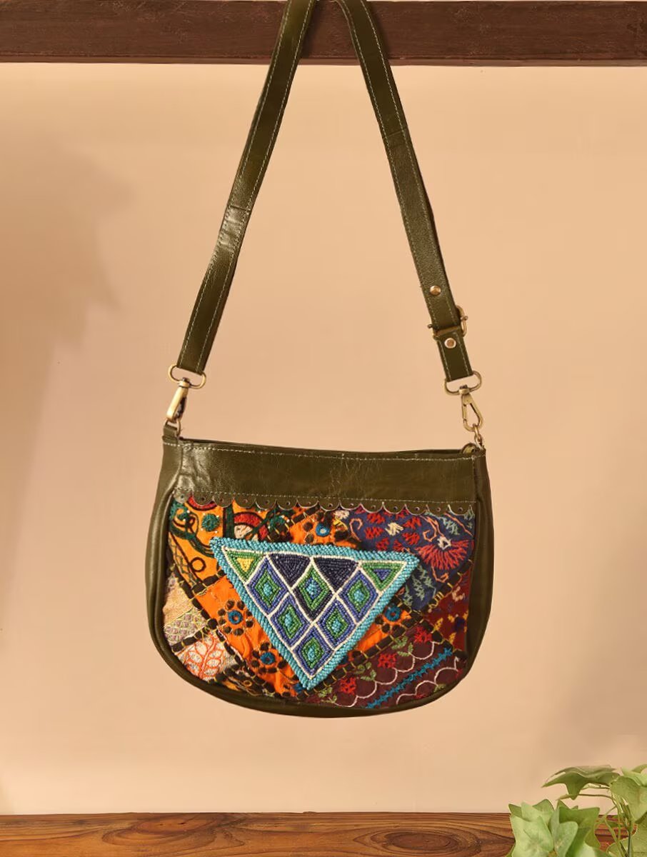 Women Olive Green Leather Sling Bag