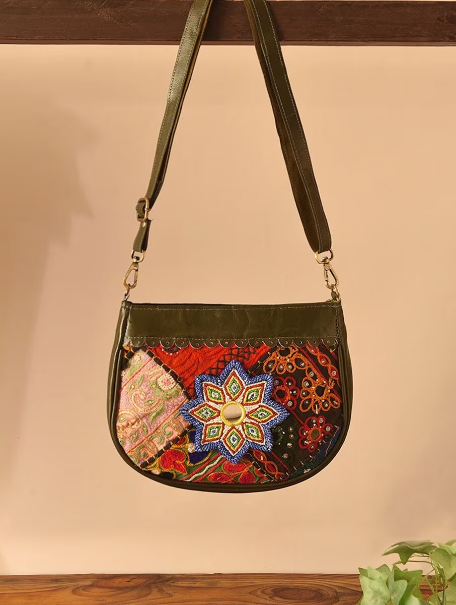Women Olive Green Leather Sling Bag