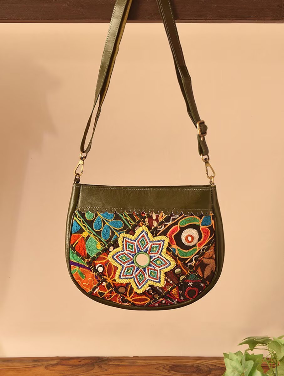 Women Olive Green Leather Sling Bag