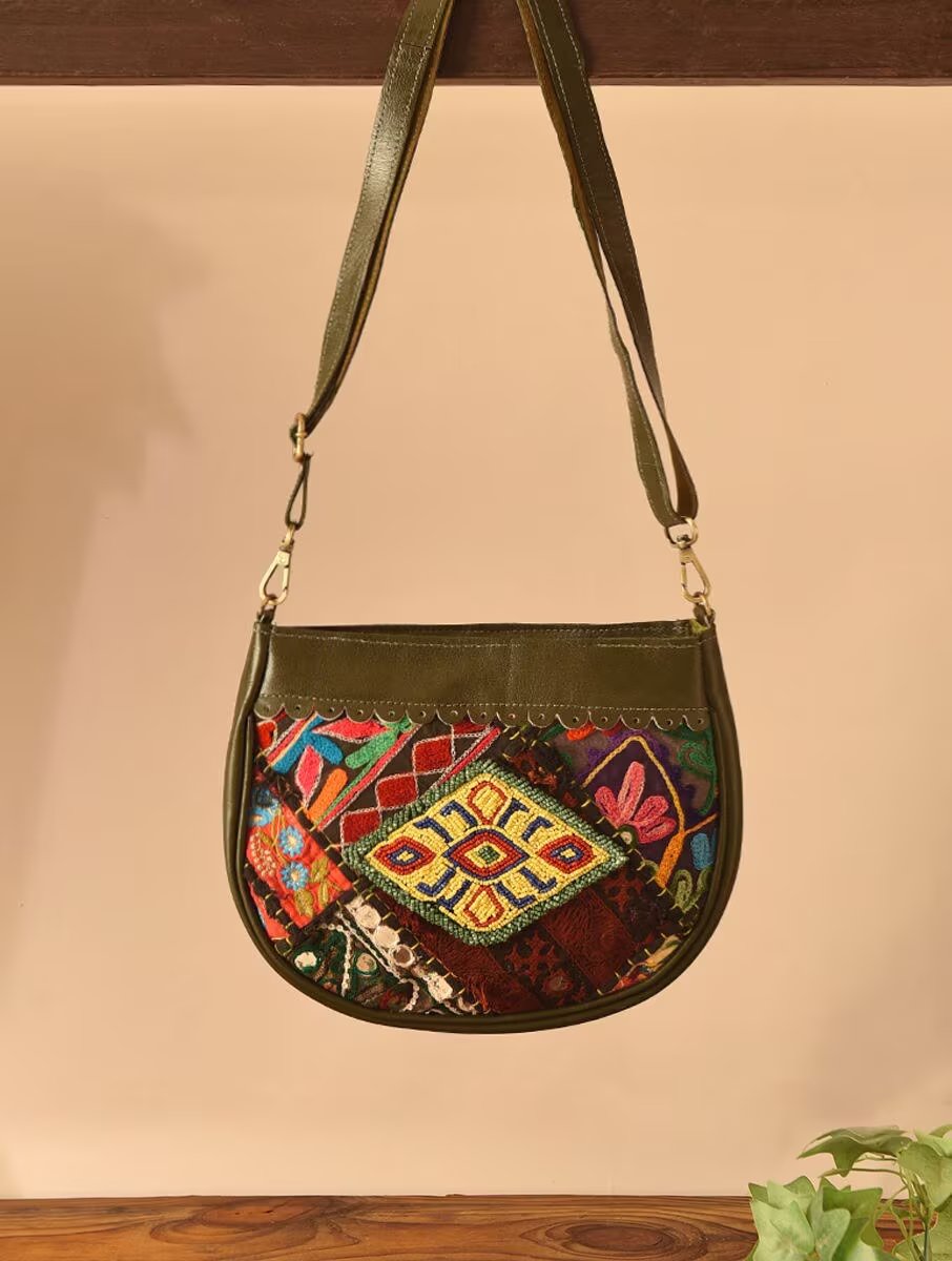 Women Olive Green Leather Sling Bag
