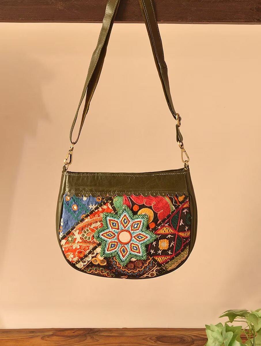 Women Olive Green Leather Sling Bag