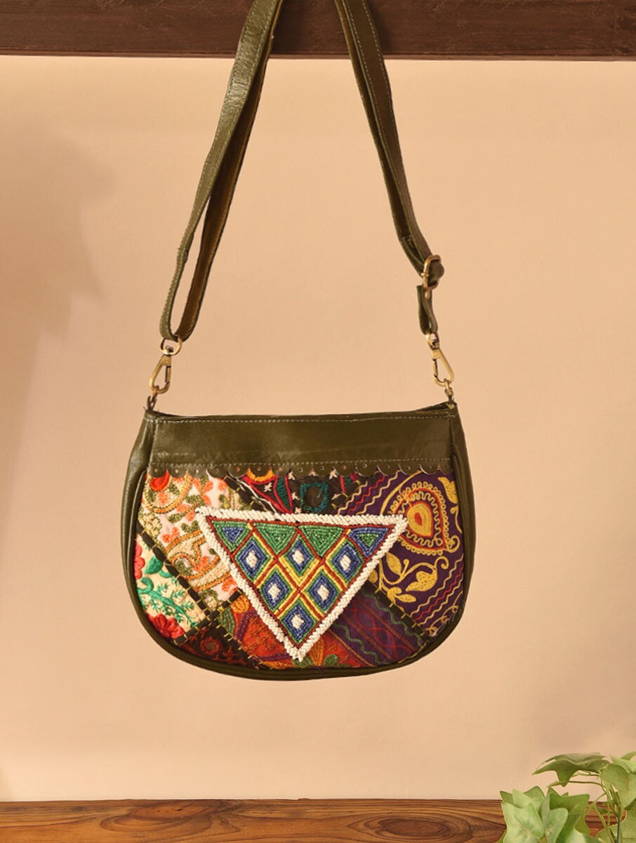 Women Olive Green Leather Sling Bag