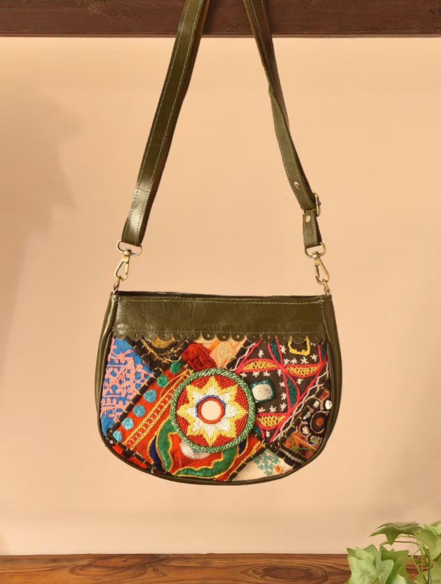 Women Olive Green Leather Sling Bag