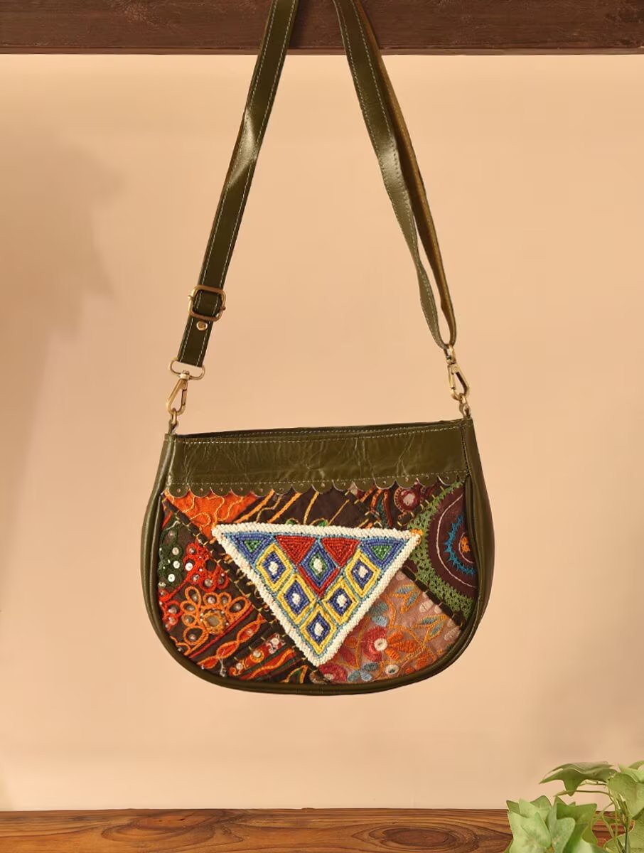 Women Olive Green Leather Sling Bag