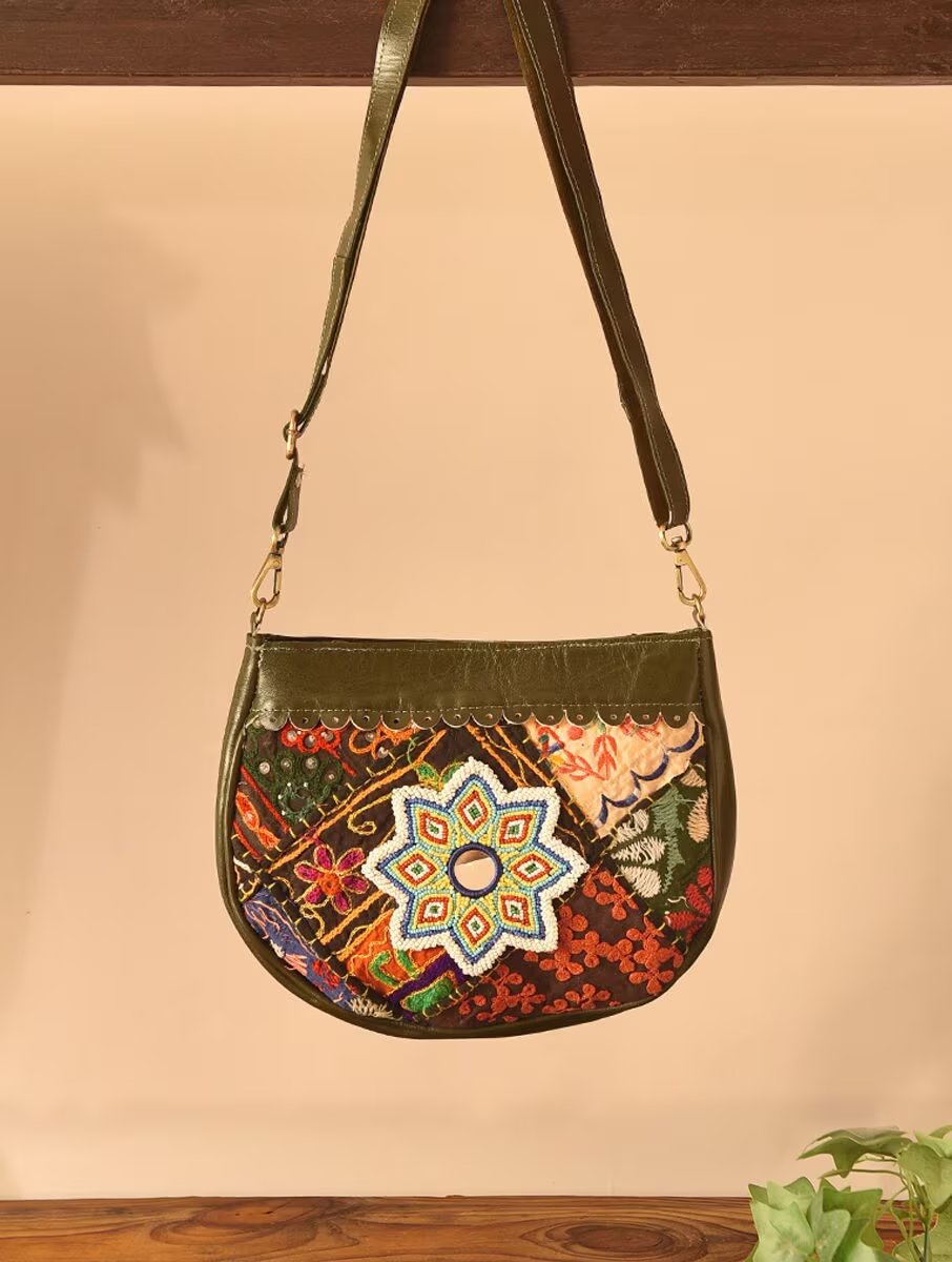 Women Olive Green Leather Sling Bag