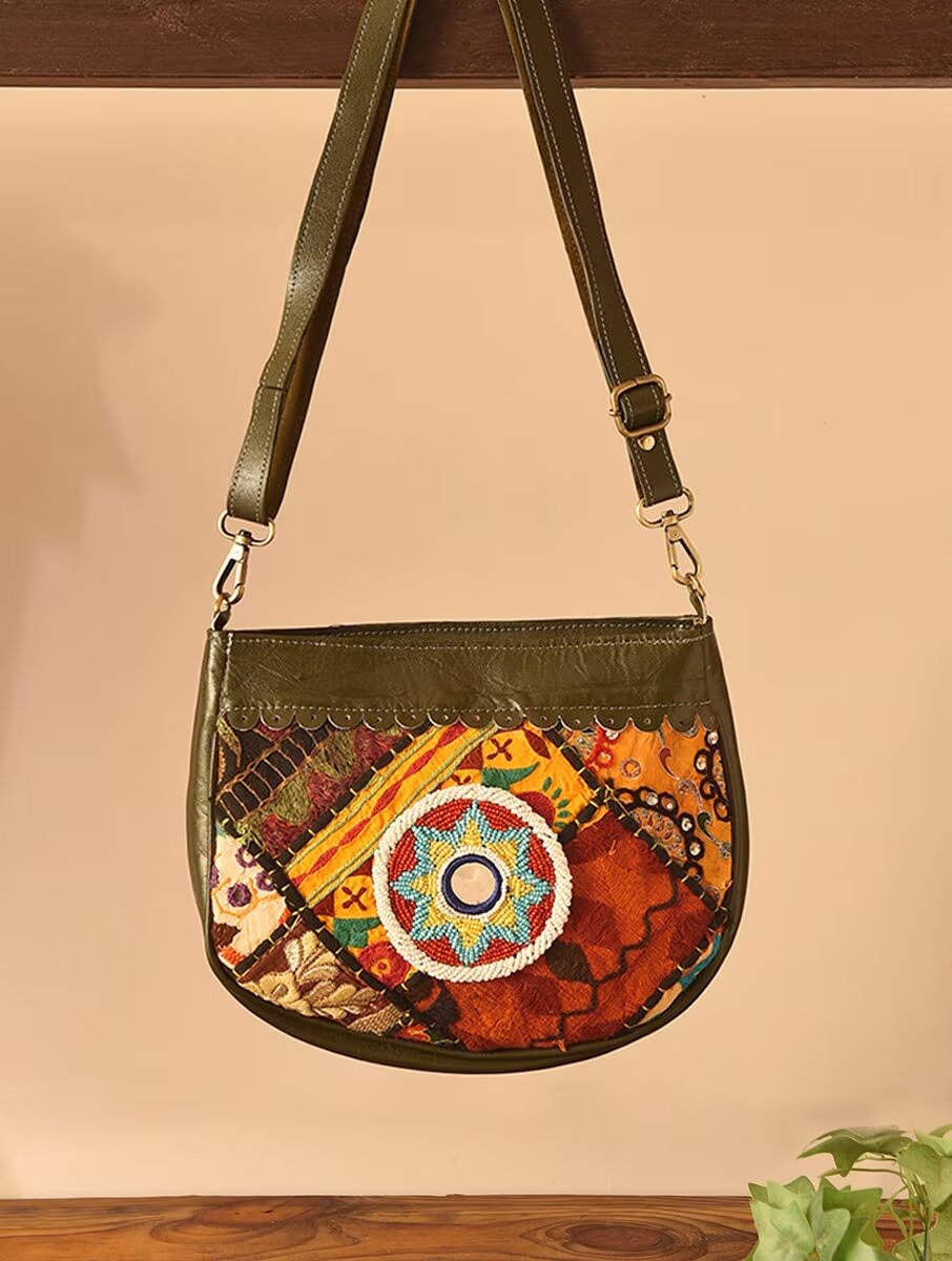 Women Olive Green Leather Sling Bag