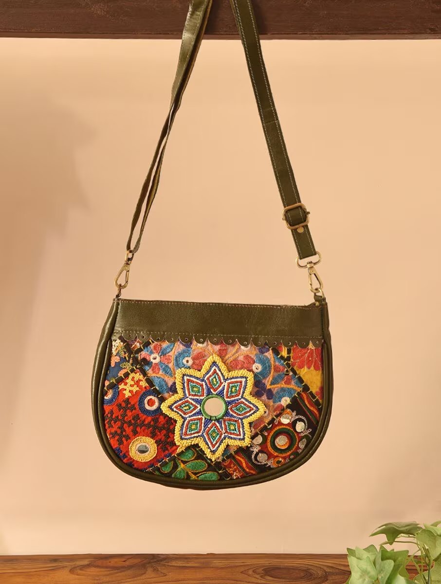 Women Olive Green Leather Sling Bag