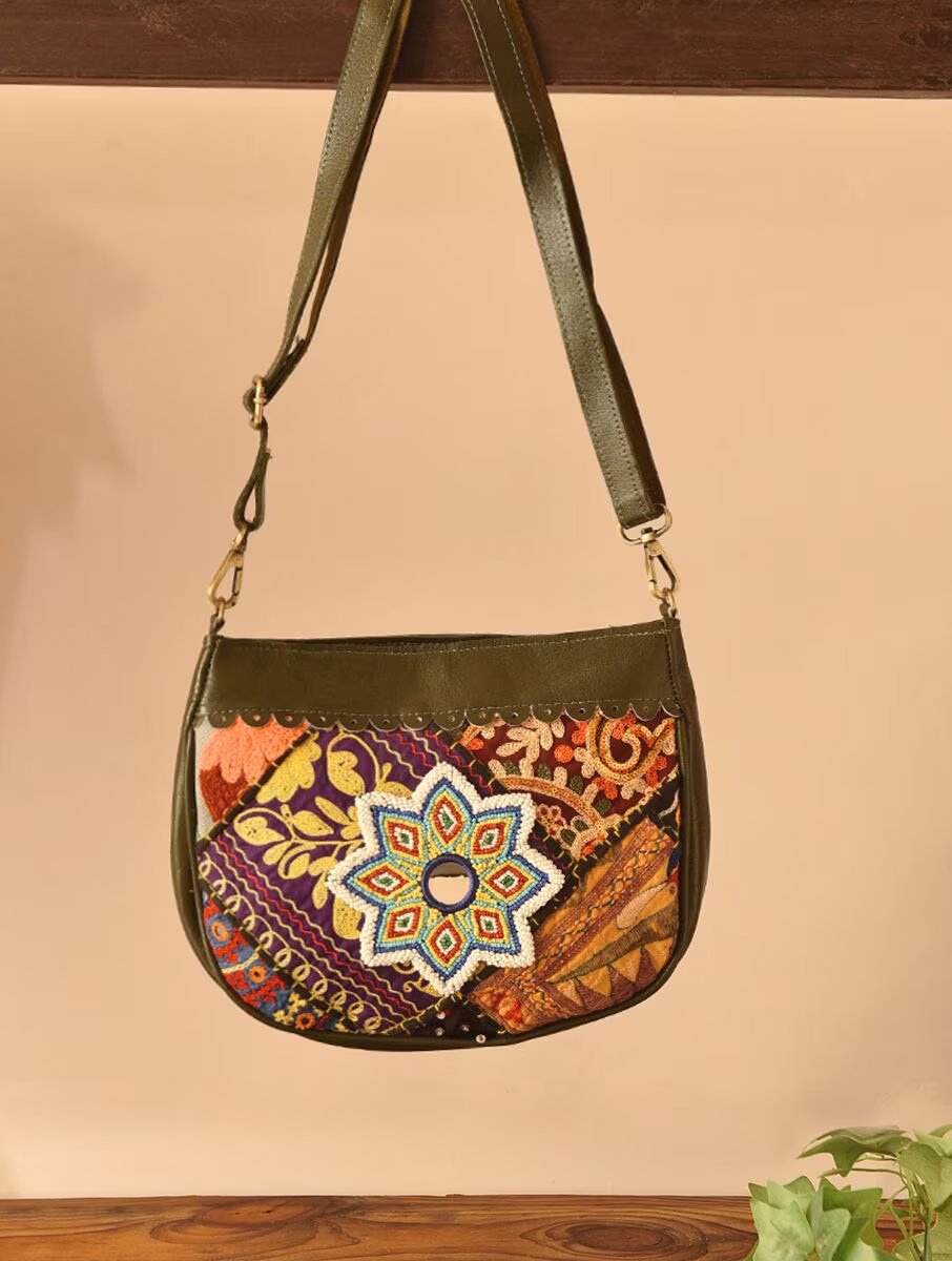Women Olive Green Leather Sling Bag