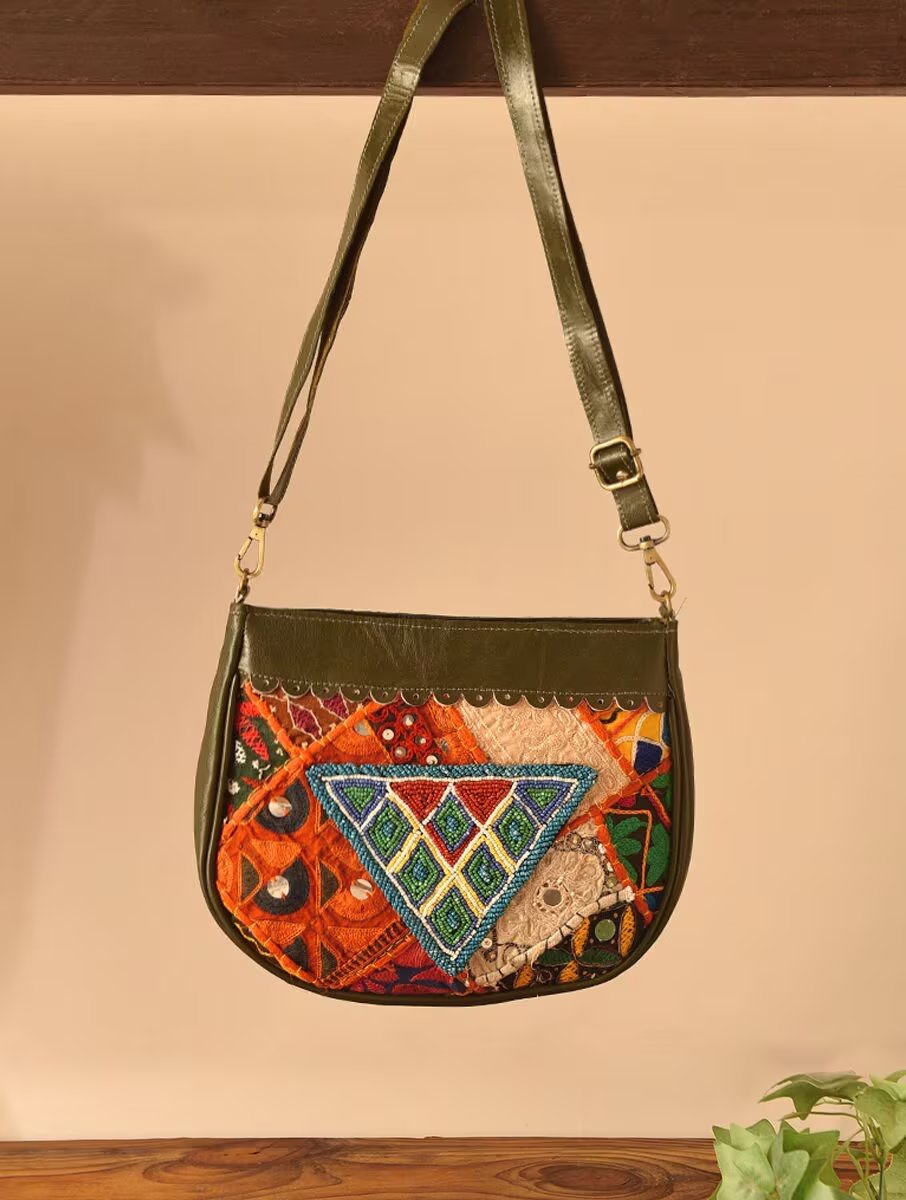 Women Olive Green Leather Sling Bag