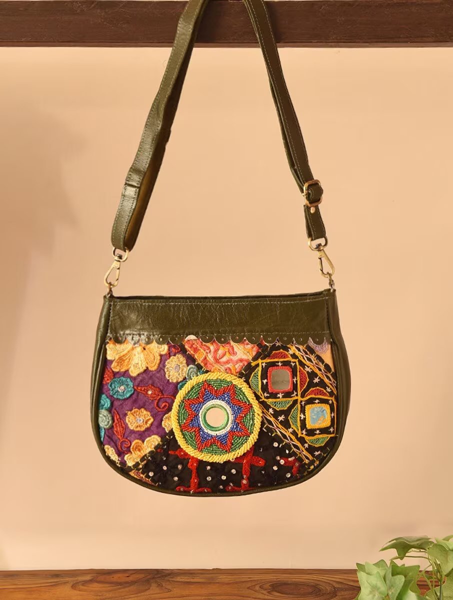 Women Olive Green Leather Sling Bag
