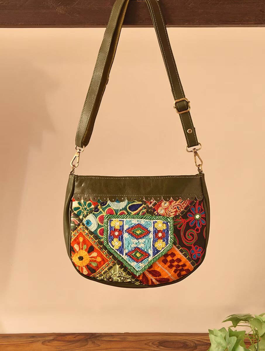 Women Olive Green Leather Sling Bag