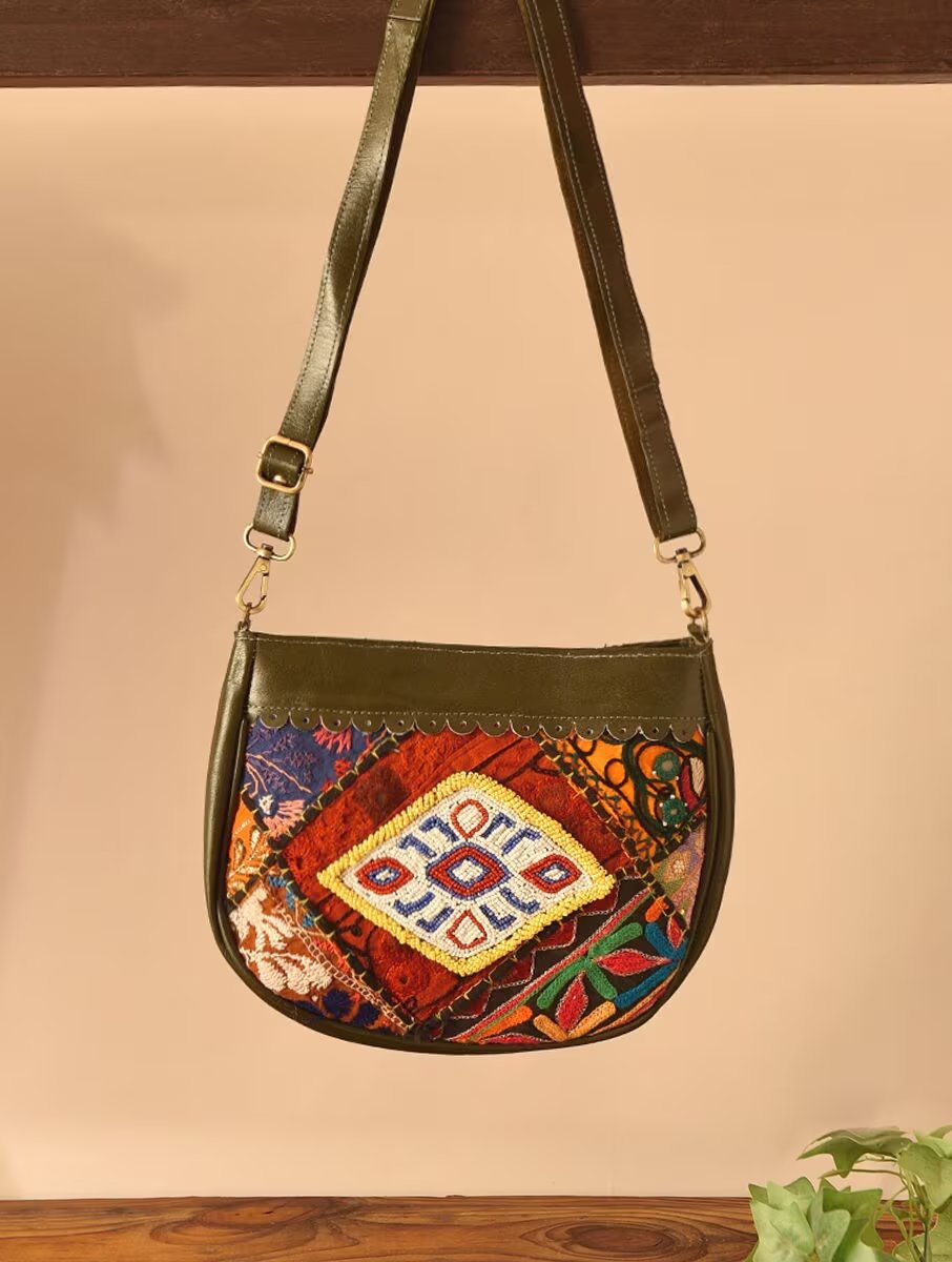 Women Olive Green Leather Sling Bag