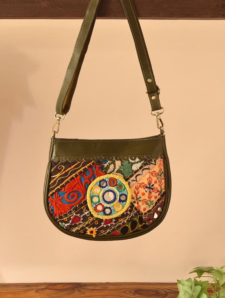 Women Olive Green Leather Sling Bag