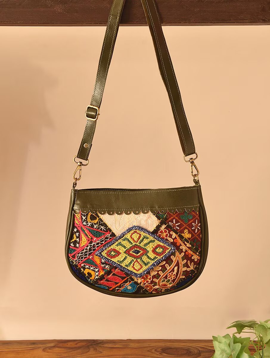 Women Olive Green Leather Sling Bag