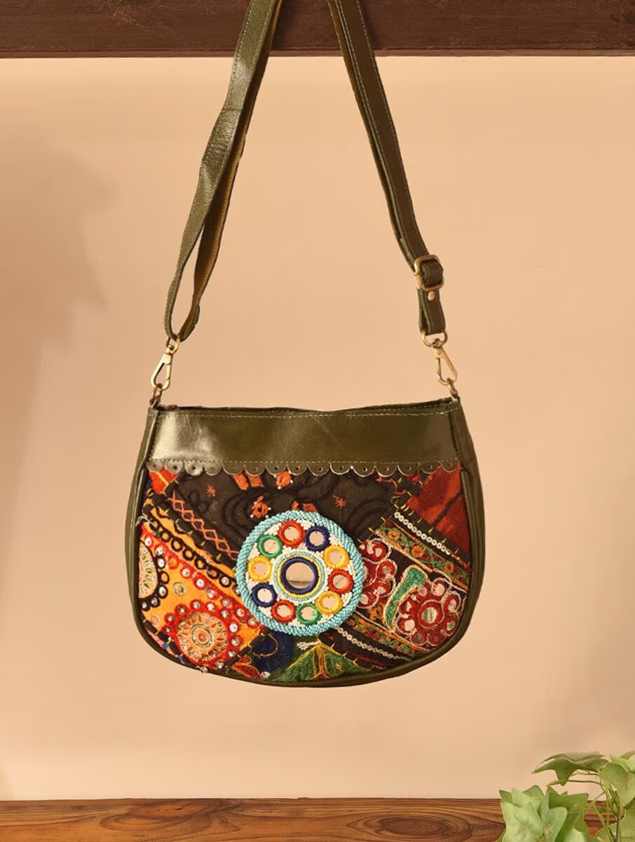 Women Olive Green Leather Sling Bag