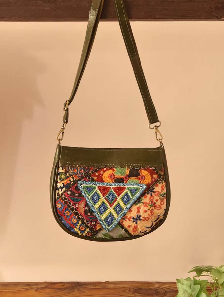 Women Olive Green Leather Sling Bag
