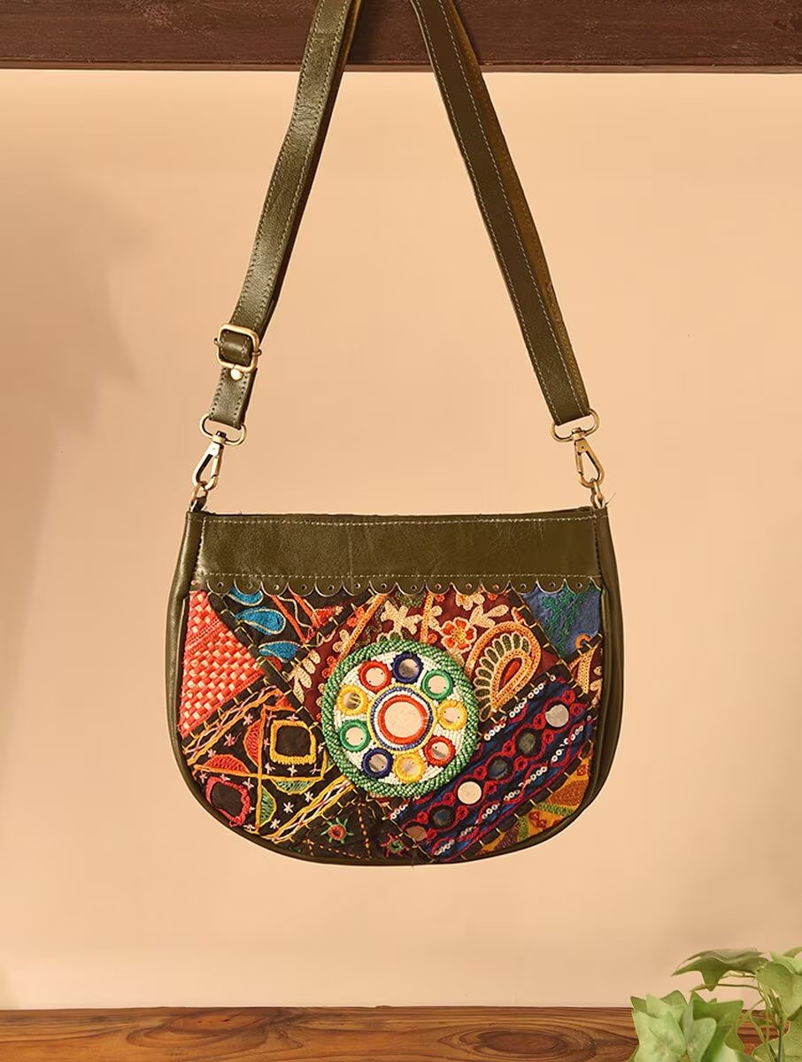 Women Olive Green Leather Sling Bag