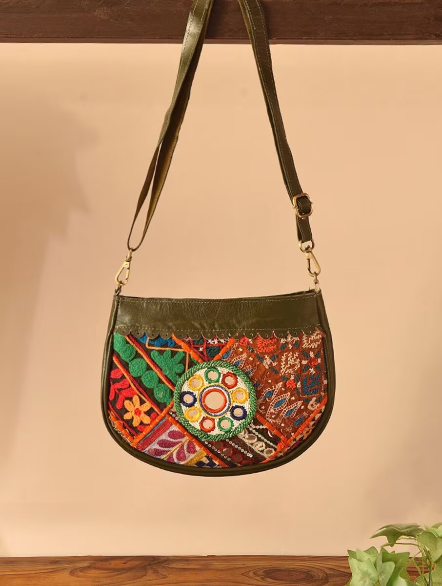 Women Olive Green Leather Sling Bag