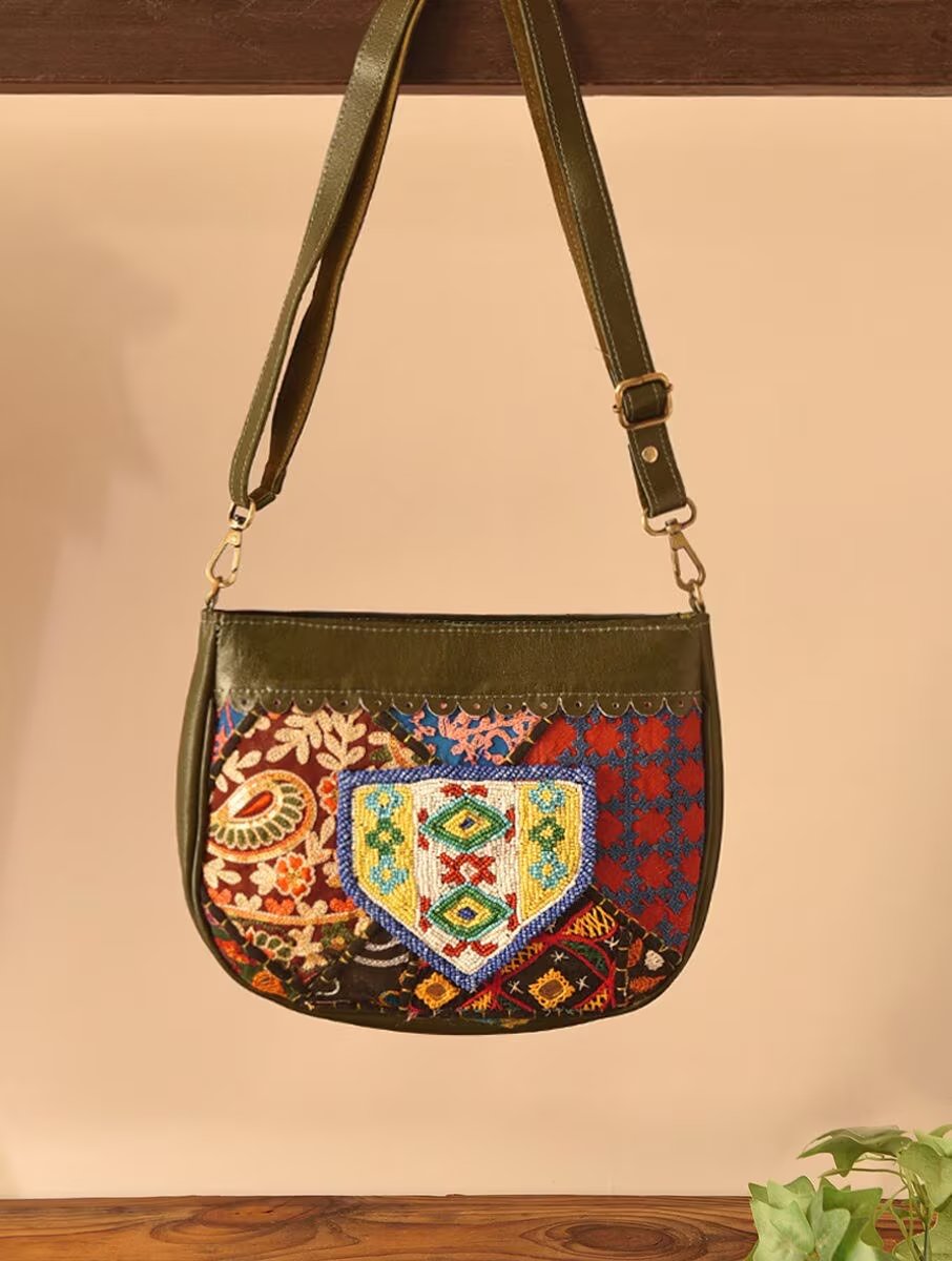 Women Olive Green Leather Sling Bag