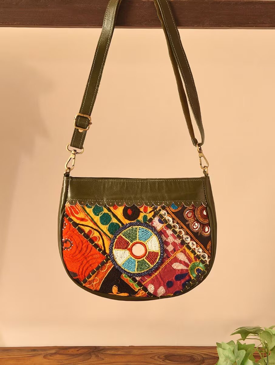Women Olive Green Leather Sling Bag