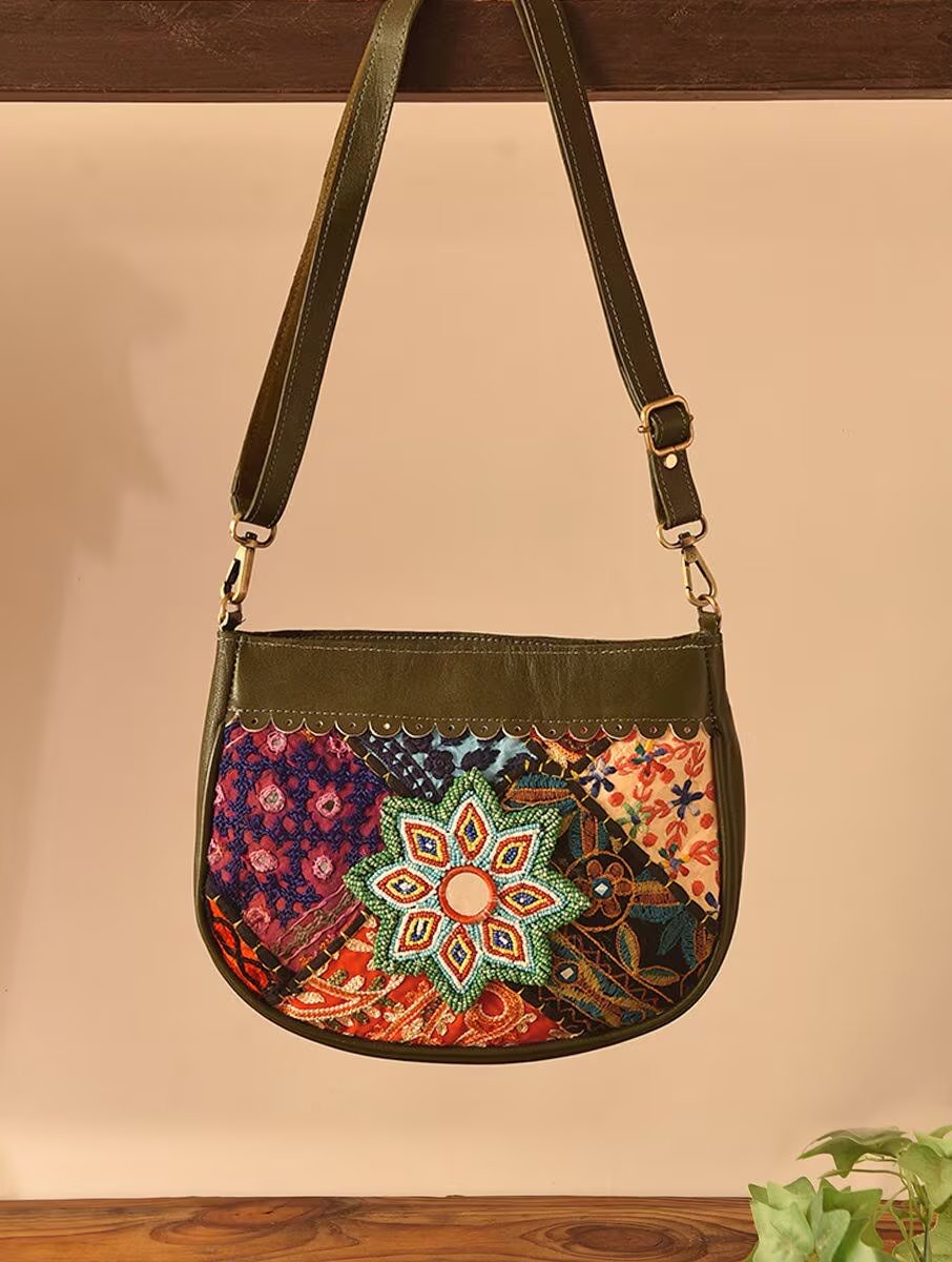 Women Olive Green Leather Sling Bag
