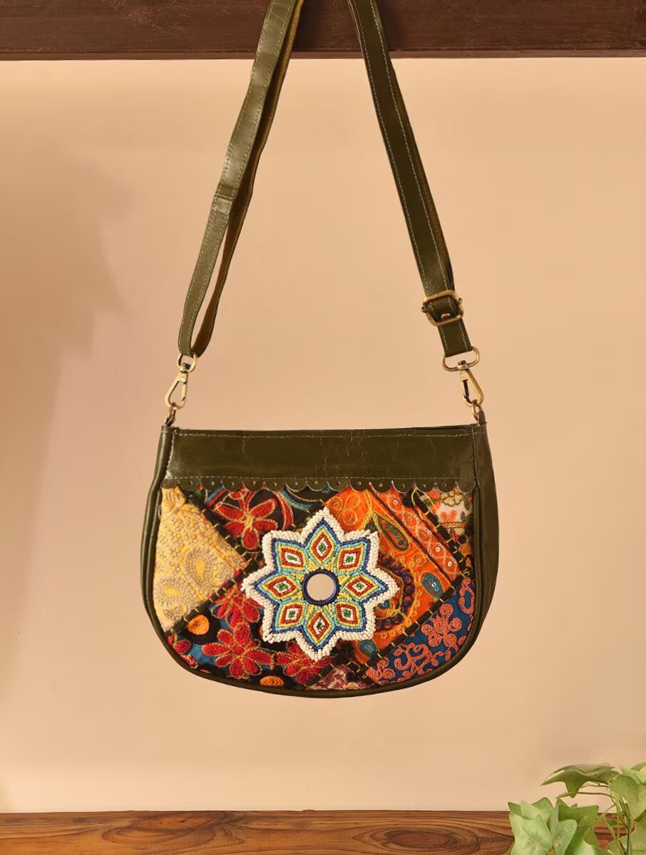 Women Olive Green Leather Sling Bag