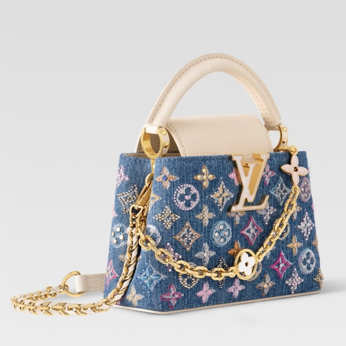 Louis Vuitton Capucines Mini Monogram Denim Pearl Embroidery Handbag