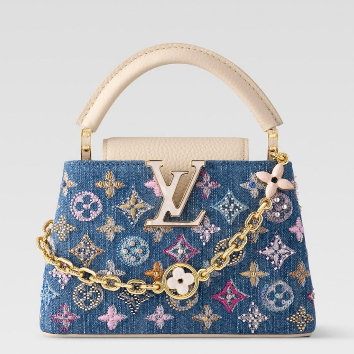 Louis Vuitton Capucines Mini Monogram Denim Pearl Embroidery Handbag