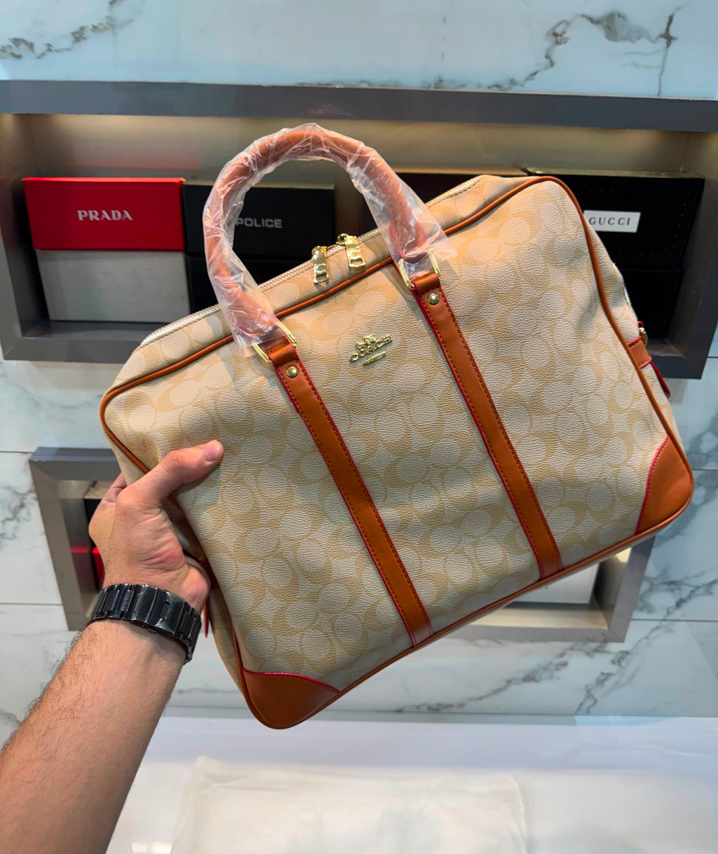 Coach Monogram Premium Laptop & Travel Bag Apricot Brown